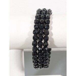 Black Glass Three Row Cuff Bracelet Elegant Goth 7.5"